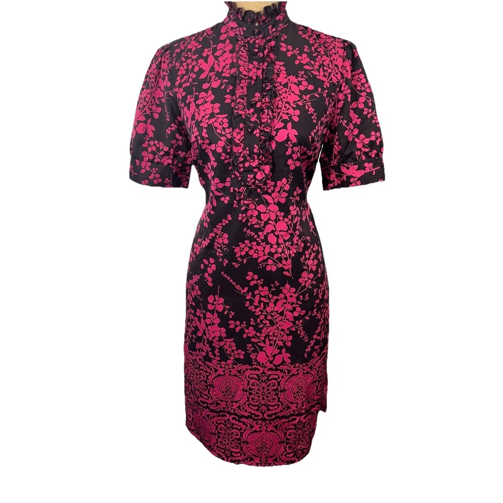 The Limited Sheath Dress Womens M Pink Black Floral Ruffle Neck With Tie Bellt